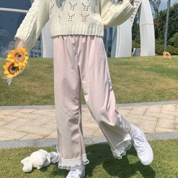 Japanese Sweet Teen Girls Corduroy Pants Bow 2022 Elastic Waist Cute Kawaii Trousers Fresh Spliced Lace Pantalones Mujer