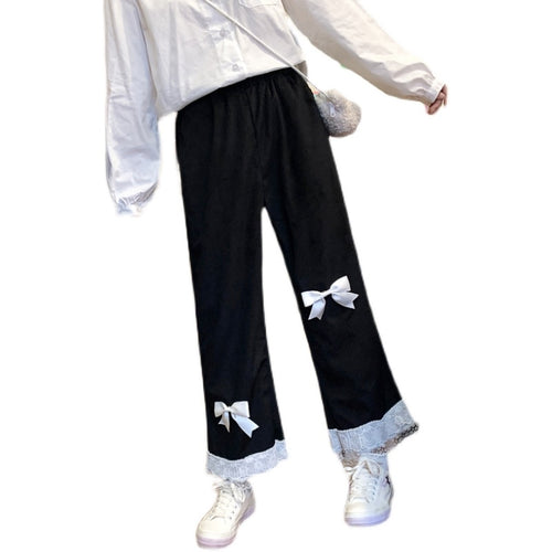 Japanese Sweet Teen Girls Corduroy Pants Bow 2022 Elastic Waist Cute Kawaii Trousers Fresh Spliced Lace Pantalones Mujer