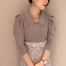 Load image into Gallery viewer, Japanese Turn Down Collar Sweaters Women Elegant Slim Fit Half Sleeve Sweet Cute Knitted Pullover Tops Office Lady Pull Femme