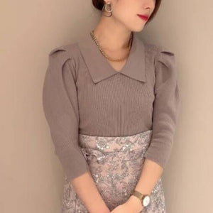 Japanese Turn Down Collar Sweaters Women Elegant Slim Fit Half Sleeve Sweet Cute Knitted Pullover Tops Office Lady Pull Femme