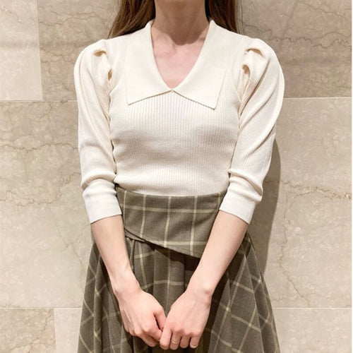 Japanese Turn Down Collar Sweaters Women Elegant Slim Fit Half Sleeve Sweet Cute Knitted Pullover Tops Office Lady Pull Femme