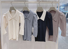 Load image into Gallery viewer, Japanese Turn Down Collar Sweaters Women Elegant Slim Fit Half Sleeve Sweet Cute Knitted Pullover Tops Office Lady Pull Femme