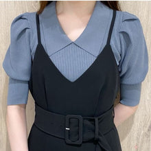 Load image into Gallery viewer, Japanese Turn Down Collar Sweaters Women Elegant Slim Fit Half Sleeve Sweet Cute Knitted Pullover Tops Office Lady Pull Femme