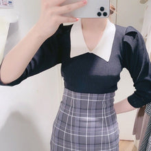 Load image into Gallery viewer, Japanese Turn Down Collar Sweaters Women Elegant Slim Fit Half Sleeve Sweet Cute Knitted Pullover Tops Office Lady Pull Femme