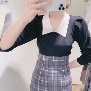 Japanese Turn Down Collar Sweaters Women Elegant Slim Fit Half Sleeve Sweet Cute Knitted Pullover Tops Office Lady Pull Femme