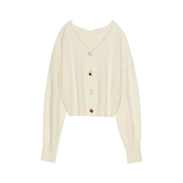 Japanese V Neck Elegant Loose Knitted Cardigans Women Simple Loose Autumn Winter New Sweater Coat All Match Casual Pull Femme