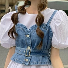 Load image into Gallery viewer, Japanese White Kawaii Dress Women Summer Casual Patchwork Sexy Sweet Mini Dresses French Designer Slim Puff Sleeve Party Dress