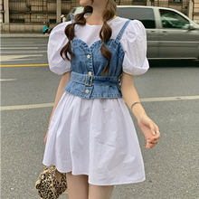 Load image into Gallery viewer, Japanese White Kawaii Dress Women Summer Casual Patchwork Sexy Sweet Mini Dresses French Designer Slim Puff Sleeve Party Dress