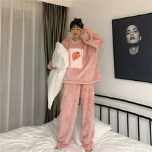 Load image into Gallery viewer, Japanese Winter Pajama Sets Soft Girl Plush Thicker Strawberry Cartoon 1set Pajamas Two Piece Pajama Set Women Hooded Sleepwear