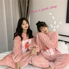 Load image into Gallery viewer, Japanese Winter Pajama Sets Soft Girl Plush Thicker Strawberry Cartoon 1set Pajamas Two Piece Pajama Set Women Hooded Sleepwear