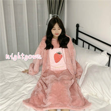 Load image into Gallery viewer, Japanese Winter Pajama Sets Soft Girl Plush Thicker Strawberry Cartoon 1set Pajamas Two Piece Pajama Set Women Hooded Sleepwear