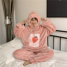 Load image into Gallery viewer, Japanese Winter Pajama Sets Soft Girl Plush Thicker Strawberry Cartoon 1set Pajamas Two Piece Pajama Set Women Hooded Sleepwear