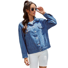 Load image into Gallery viewer, Jean Jacket Women Spring Autumn Single Breasted Coat Retro Fashion Striped Lapel Denim Jacket Casual Female Outwear