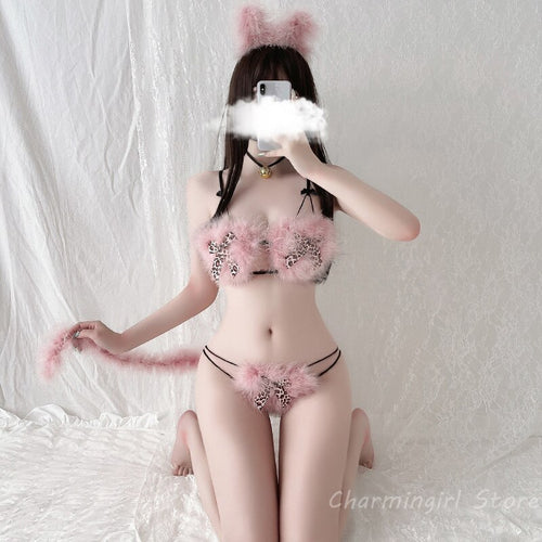 Kawaii Cat Cosplay Bra and Panty Set with Tail Lingerie Devil Maid for Women Temptation Roleplay Costumes Erotic Bikini Outfits