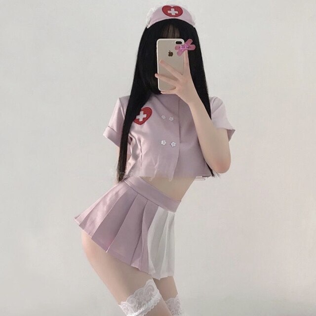 Kawaii Doctor Roleplay Cosplay Lingerie Women Sexy Nurse Erotic Sleepwear Set Costumes Maid Outfit for Couple School Girl Pink