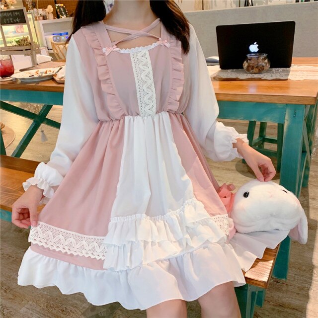 Kawaii Japanese Lolita Dress Soft Sister Sweet Daily Princess Girls Short-sleeved Black Pink Women Dress