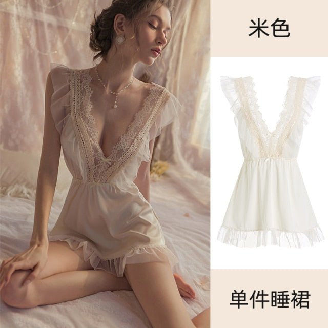 Kawaii Lingerie Night Dress Women Sleepwear Sexy Nightwear Deep V Strapless Hot Lace Suspender Nightdress