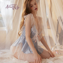 Load image into Gallery viewer, Kawaii Lingerie Ruffles Perspective Pajama Set for Women Temptation Lace Satin Sleepwear Solid V-Neck Nightdress with Panty