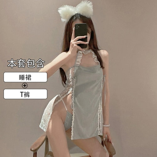 Kawaii Lingerie Side Split Sexy Sleepwear Women Nightdress Thin Dress Sling Lace Ruffles Ice Silk Nightgowns Female Sleep Tops