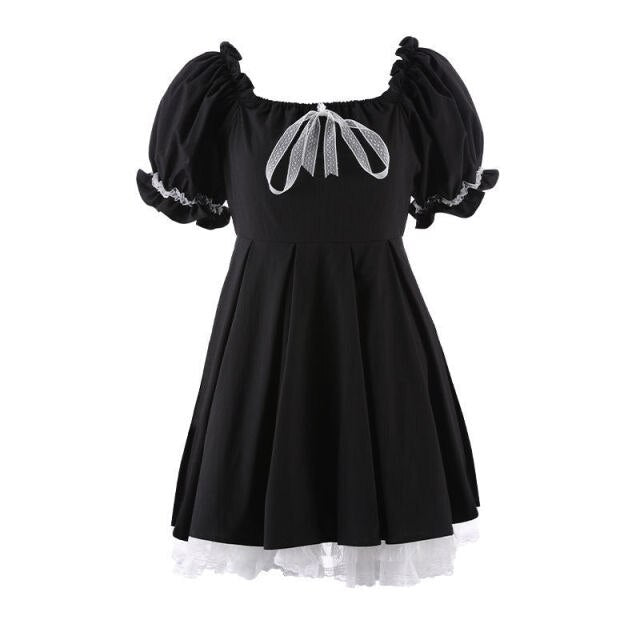Kawaii Mini Dress Women Summer 2021 Black Short Sleeve Japanese Sweet Cute Casual Dress College Style Bow Lace Goth Lolita Dress