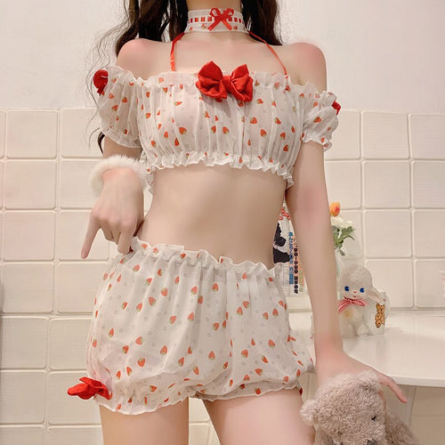 Kawaii Pajama Set Women Sleepwear Cute Sexy Sleepwear Lace Bow Strawberry Tops Shorts Lolita Girl Underwear with Necklace