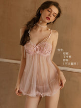 Load image into Gallery viewer, Kawaii Pajamas Women Summer V-neck Transparent Mesh Lace Temptation Sleep Tops with Shorts Pure Desire Suspender Nightdress