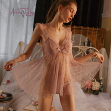 Load image into Gallery viewer, Kawaii Sleepwear Women Lingerie Gauze Lace See Through Nightgown Nightdress Passion Hot Purple Sling Pajamas Nighty for Ladies
