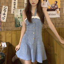 Load image into Gallery viewer, Kawaii Sweet Denim Halter Dress Women Korean Fashion Party Mini Pleated Dresses Lace Blue High Street Elegant Designer Clothing