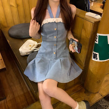 Load image into Gallery viewer, Kawaii Sweet Denim Halter Dress Women Korean Fashion Party Mini Pleated Dresses Lace Blue High Street Elegant Designer Clothing