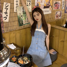Load image into Gallery viewer, Kawaii Sweet Denim Halter Dress Women Korean Fashion Party Mini Pleated Dresses Lace Blue High Street Elegant Designer Clothing