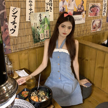 Load image into Gallery viewer, Kawaii Sweet Denim Halter Dress Women Korean Fashion Party Mini Pleated Dresses Lace Blue High Street Elegant Designer Clothing