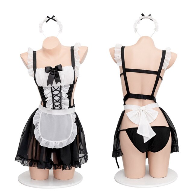Kawaii Women Maid Cosplay Apron Room Servant Lolita Costume Babydoll Porn Dress Erotic Role Play Show Sexy Lingerie Maid Outfit