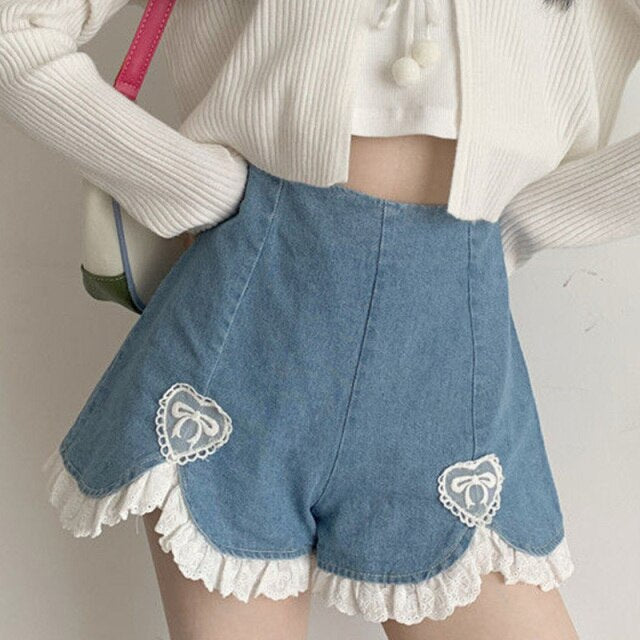 Kawaii Women's Preppy Style Lace Denim Shorts Summer 2021 New Female Fashion All-match High Waist Jeans Girls Sweet Cute Short