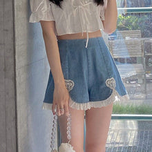 Load image into Gallery viewer, Kawaii Women&#39;s Preppy Style Lace Denim Shorts Summer 2021 New Female Fashion All-match High Waist Jeans Girls Sweet Cute Short
