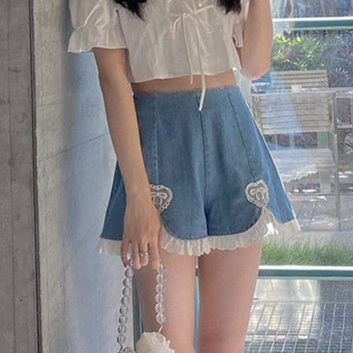 Kawaii Women's Preppy Style Lace Denim Shorts Summer 2021 New Female Fashion All-match High Waist Jeans Girls Sweet Cute Short