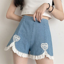 Load image into Gallery viewer, Kawaii Women&#39;s Preppy Style Lace Denim Shorts Summer 2021 New Female Fashion All-match High Waist Jeans Girls Sweet Cute Short