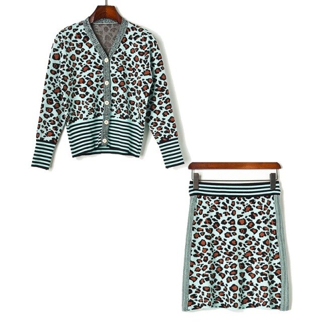 Knitted 2 piece Set Women Single Breasted Leopard Jacquard Sweater Cardigan + Elastic Waist A Line Mini Skirt Matching Sets Suit