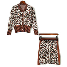 Load image into Gallery viewer, Knitted 2 piece Set Women Single Breasted Leopard Jacquard Sweater Cardigan + Elastic Waist A Line Mini Skirt Matching Sets Suit