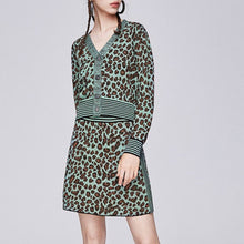 Load image into Gallery viewer, Knitted 2 piece Set Women Single Breasted Leopard Jacquard Sweater Cardigan + Elastic Waist A Line Mini Skirt Matching Sets Suit