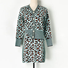 Load image into Gallery viewer, Knitted 2 piece Set Women Single Breasted Leopard Jacquard Sweater Cardigan + Elastic Waist A Line Mini Skirt Matching Sets Suit