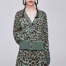 Load image into Gallery viewer, Knitted 2 piece Set Women Single Breasted Leopard Jacquard Sweater Cardigan + Elastic Waist A Line Mini Skirt Matching Sets Suit