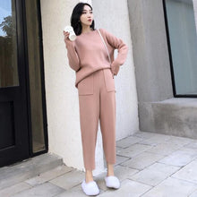 Load image into Gallery viewer, Knitted 2 pieces Set Tracksuits Women  Autumn Winter Thick Warm O-neck Loose Sweater+Ankle-Length Pants Warm Cashmere Suit
