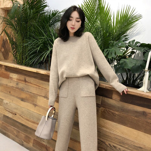 Knitted 2 pieces Set Tracksuits Women  Autumn Winter Thick Warm O-neck Loose Sweater+Ankle-Length Pants Warm Cashmere Suit