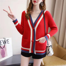 Load image into Gallery viewer, Knitted Cardigan Women Spring and Autumn 2021 New V-neck Sweater Foreign Style Simple Color Matching Loose Top outer Wear