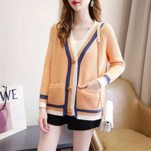 Knitted Cardigan Women Spring and Autumn 2021 New V-neck Sweater Foreign Style Simple Color Matching Loose Top outer Wear