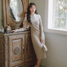 Load image into Gallery viewer, Knitted Dress Slim Sexy Simple Fashion Bodycon Dress Women&#39;s Autumn Lapel Stitching Beaded Chic Retro Sweater Dress Fall Femme