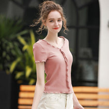 Load image into Gallery viewer, Knitting Elegant V Neck Female Summer Top Lace T Shirt Shirts Feminina For Women Tops Friends Tees Tshirt Korean Clothes