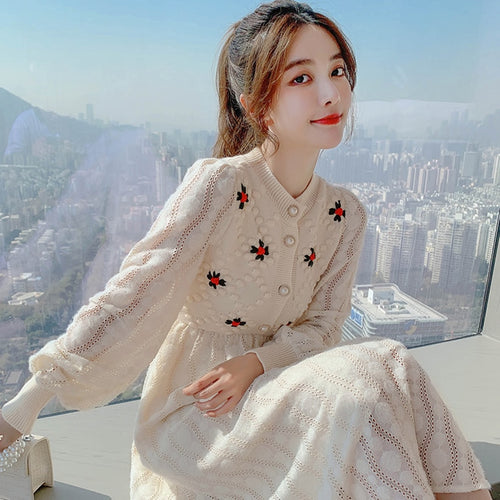 Knitting Maxi Dresses for Women Female Korea Style Slim Embroidery Warm Wool Long Sleeve Woman Dress Party 2022 Autumn Winter