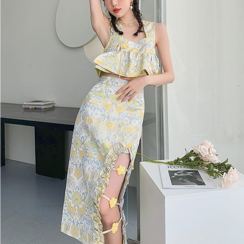 Korea Floral Elegant Two Piece Set Women Print Sweet Halter Top Vintage Midi Split Skirt Beach Boho Party Clothing Summer 2021
