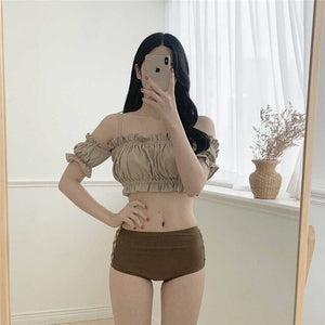 Korea Short Sleeve Swimsuit High Waisted Bikini Set Padded Swimwear Hollow Out BandeauTwo Piece Bathsuit Pleated Ruffle Biquinis